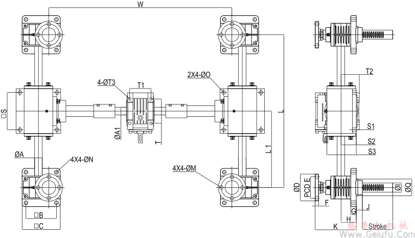 RJ-4SB系列多台齿条升降机与蜗轮减速机组合高速升降齿条安装图 RJ-4SB系列多台齿条升降机与蜗轮减速机组合高速升降齿条安装图