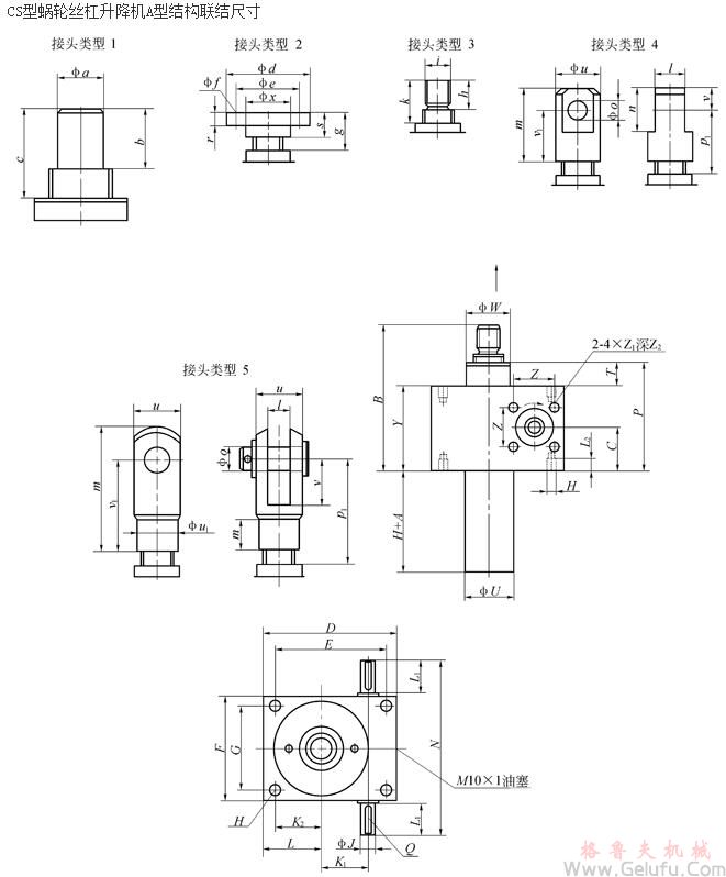 CS方型蜗轮丝杠升降机A型结构联结尺寸 CS方型蜗轮丝杠升降机A型结构联结尺寸